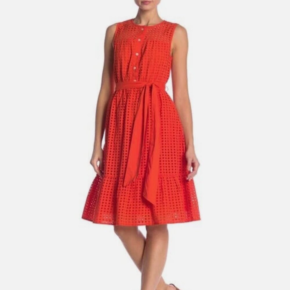 J Crew eyelet Lined Belted Sleeveless A-line Midi Cotton Orange Red Dress - Sz 6
